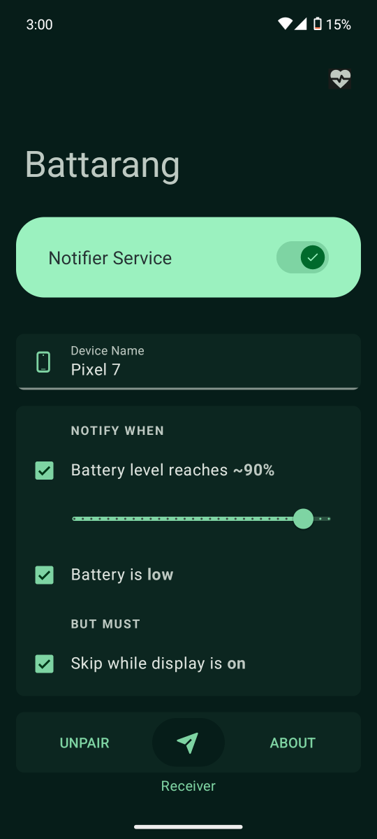 Main screen of Battarang Notifier app